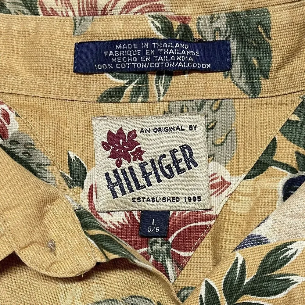 An Original by Tommy Hilfiger Mens Mustard Hawaiian Shirt Floral Hibiscus Large